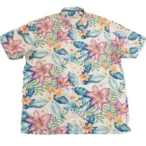 Tommy Bahama Hawaiian Shirt Men L Multicolor Pink Blue Silk Leaves Floral Beach